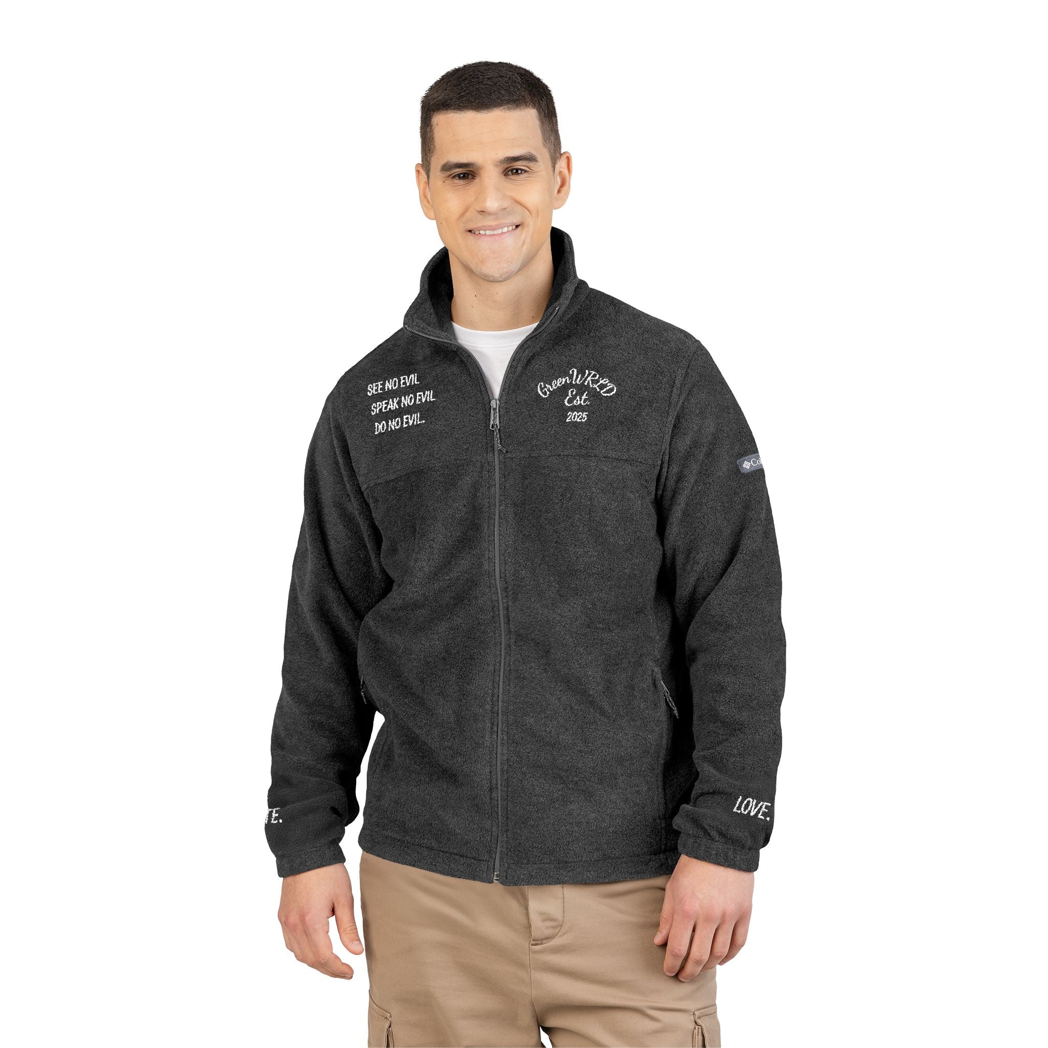 “SEE NO EVIL, SPEAK NO EVIL, DO NO EVIL.” Unisex Fleece Jacket (Embroidery)