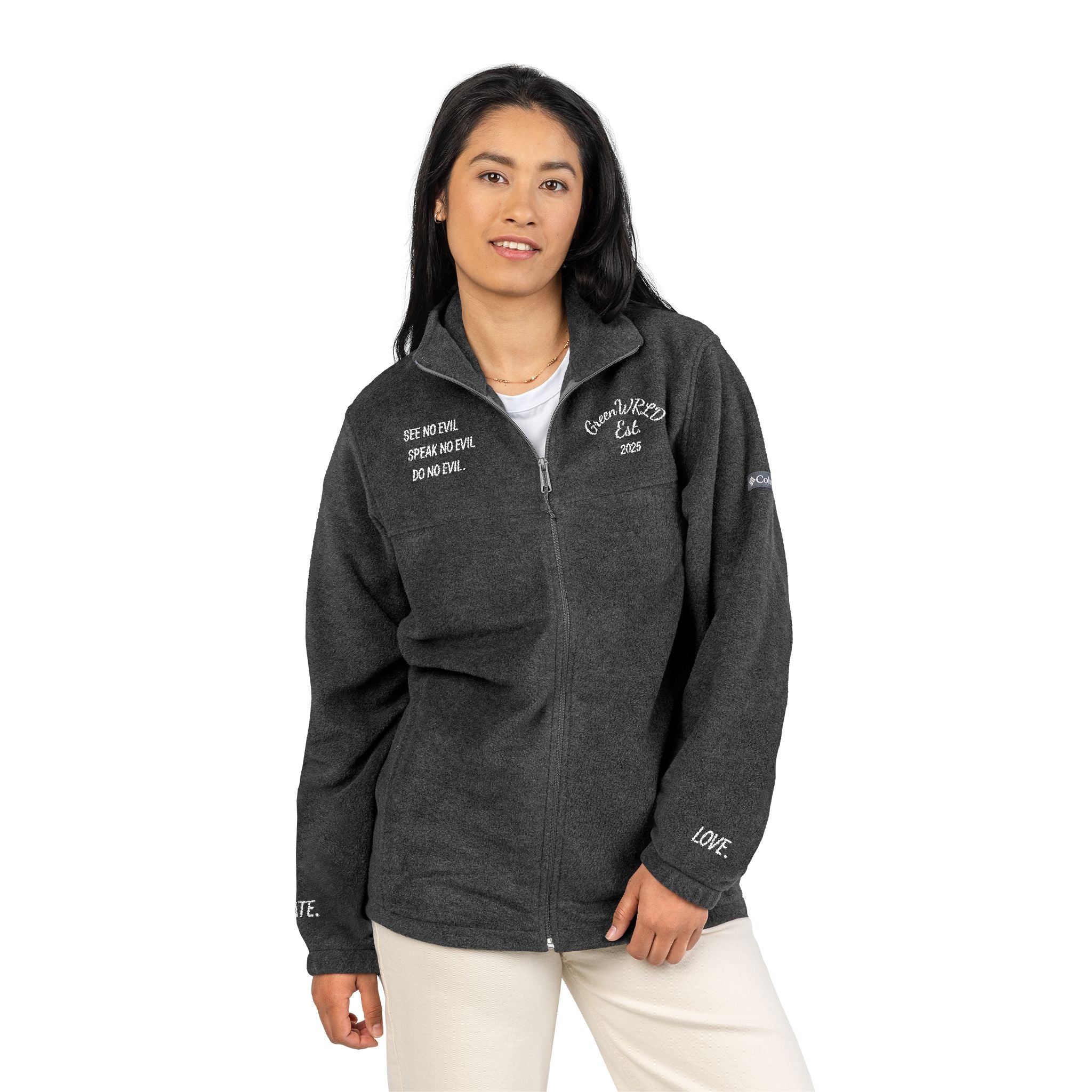 “SEE NO EVIL, SPEAK NO EVIL, DO NO EVIL.” Unisex Fleece Jacket (Embroidery)