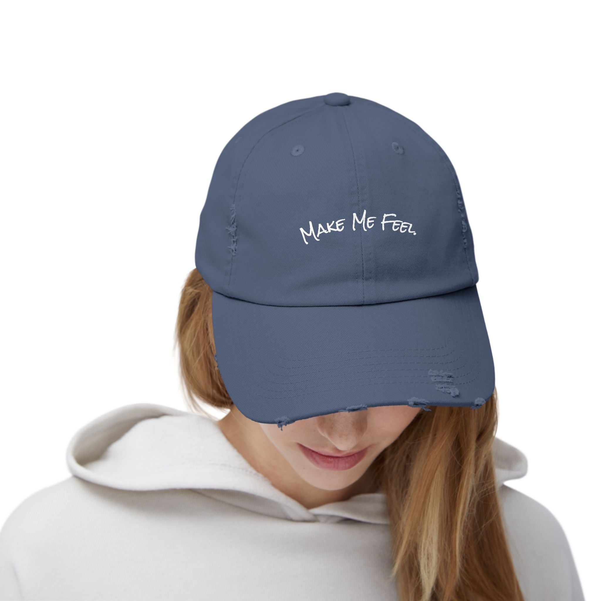 "Make Me Feel." Unisex Distressed Cap